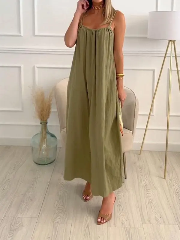 Maxi Kleid aus Baumwolle und Leinen mit Rundhalsausschnitt – Elin