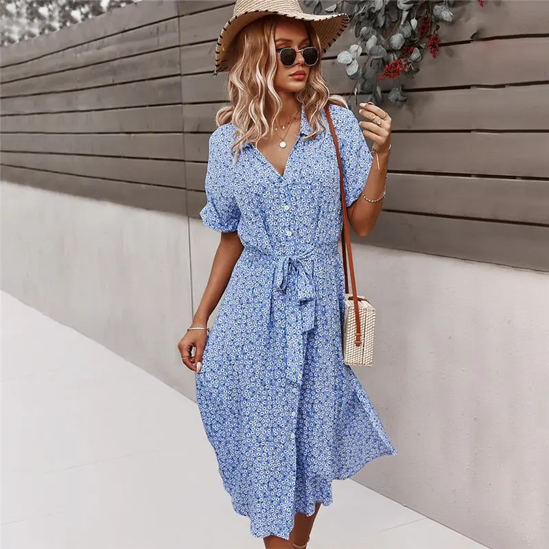 Midi-Sommerkleid im Boho-Chic mit Knöpfen, kurzen Ärmeln, Taillenband und V-Ausschnitt