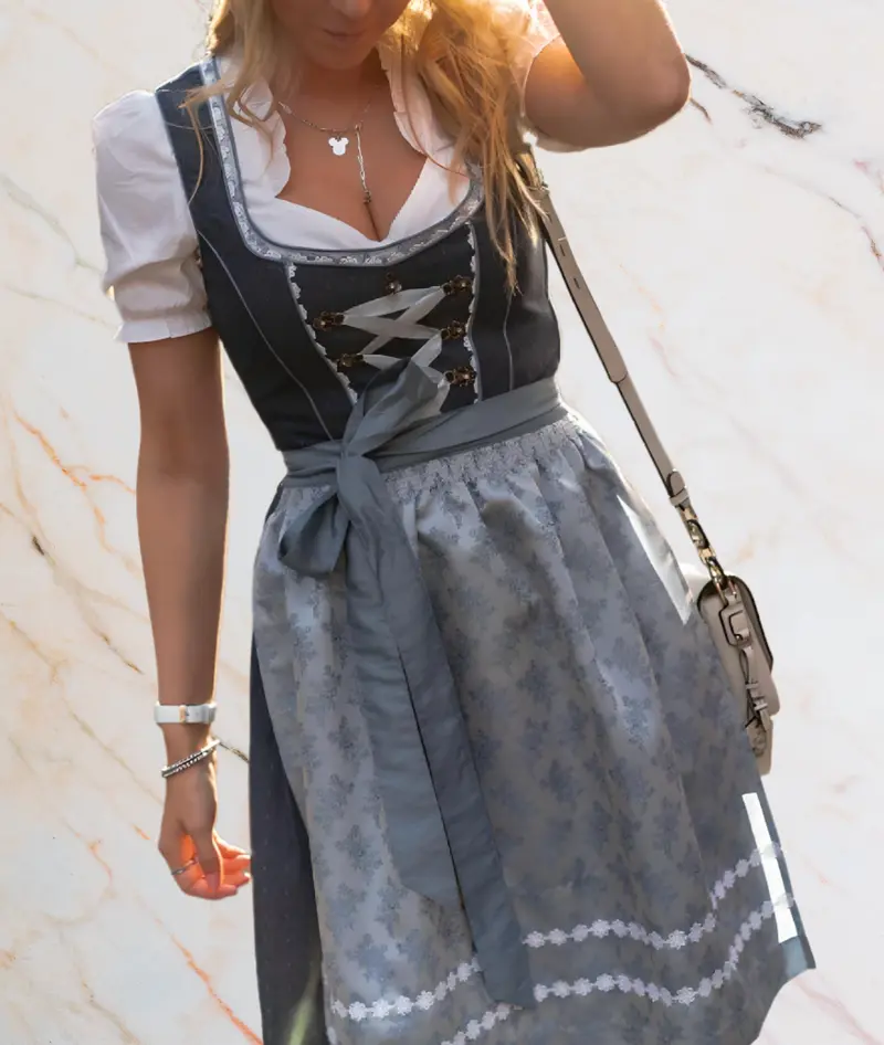 Minikleid - Schwarz-weiß-graues Frühlingskleid mit kurzen Ärmeln und Schleifenmuster - Oktoberfest 2025