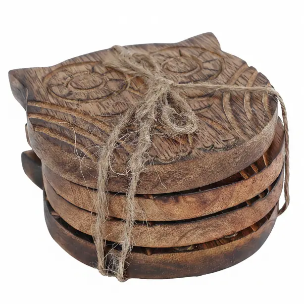 Onderzetters set-van-4 Uil mangohout 10x10cm