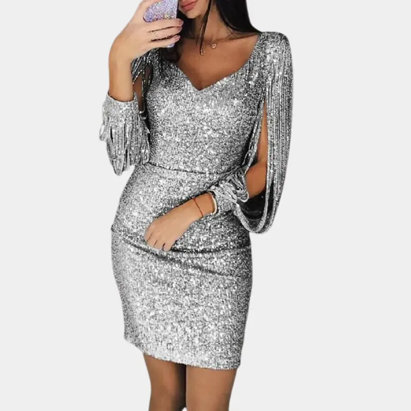 Paillettenkleid mit V-Ausschnitt und stilvollen Ärmeln - Celeste