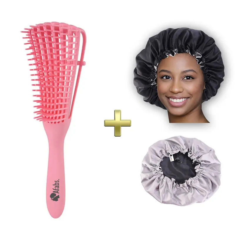 Pink Detangler brush + Black Satin Hair Bonnet | Comb for curls | Afro hair brush