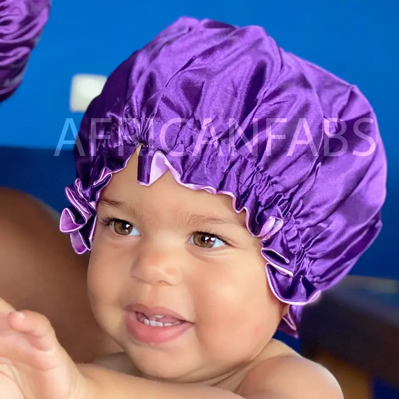 Purple Satin Hair Bonnet (Kids / Children's size 3-7 years) (Reversable Satin Night sleep cap)