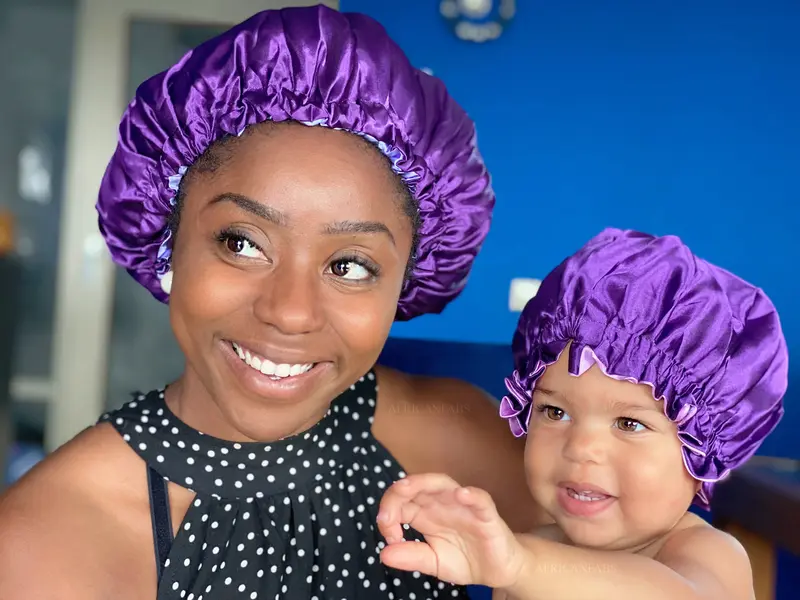 Purple Satin Hair Bonnet (Mother+Daughter / Mommy & Me set) Kids Bonnet set  (Reversable Satin Night sleep cap)