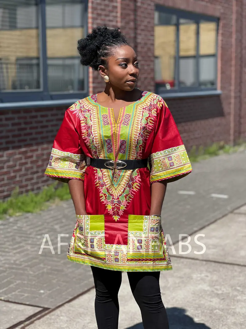 Red Dashiki Shirt / Dashiki Dress - African print top - Unisex - Vlisco