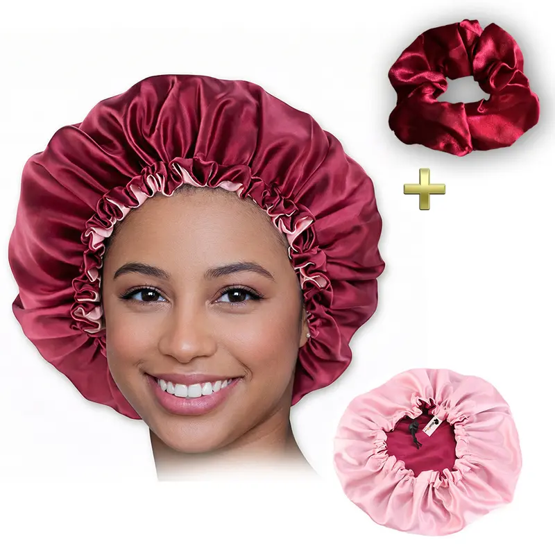Red Satin Hair bonnet + Satin Scrunchie ( Adjustable & Reversable Satin Night sleep cap )