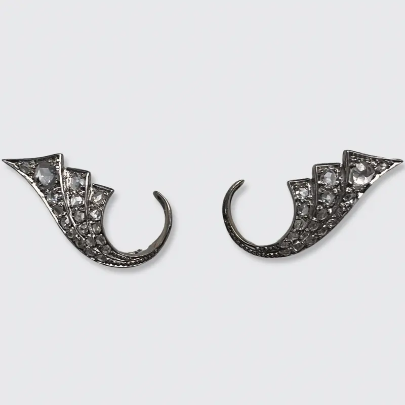 Retro Rose-Cut Diamond Wing Ear Clips