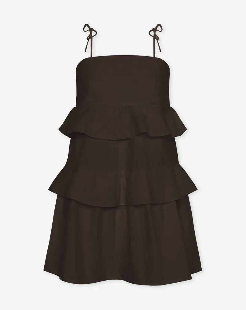 ROAMY POPLIN RUFFLE DRESS BRUIN
