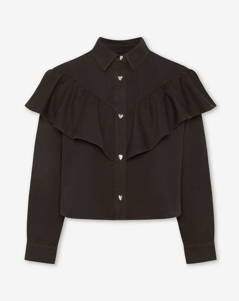 RUFFLE DENIM BLOUSE BRUIN