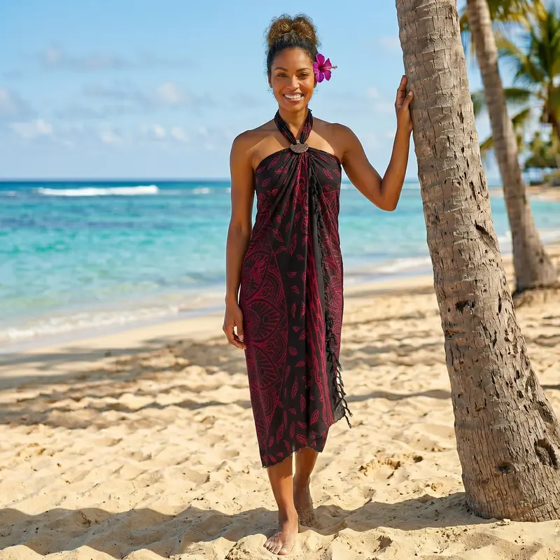 Sarong / pareo - Beachwear wrap skirt - Black / red Mandala