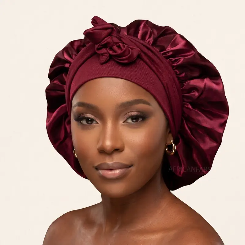 Satin Hair Bonnet with straps - Red ( Satin Night sleep cap )