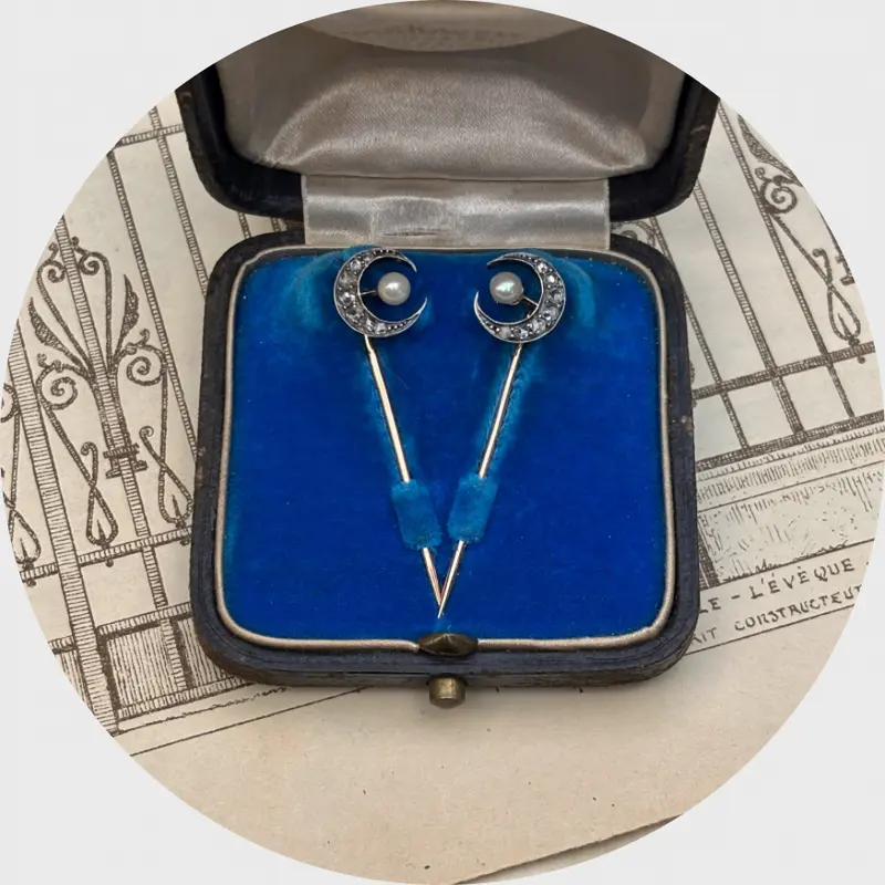Set of Two Antique Crescent Moon Pins in Original Box