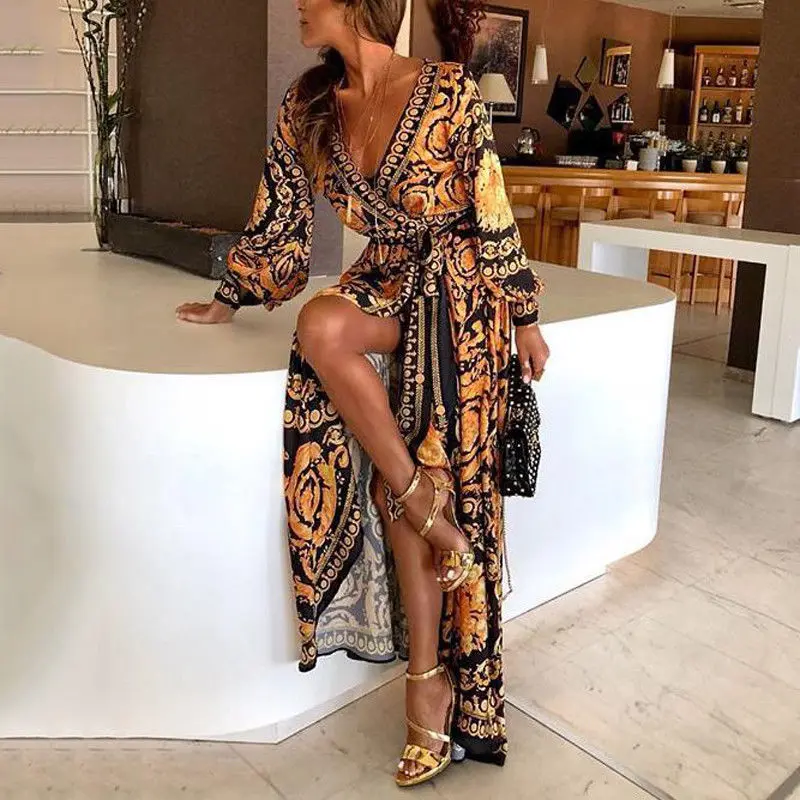 Sommer Wickelkleid 2025 | Boho Damenkleid mit Schlitz und Blumenmuster