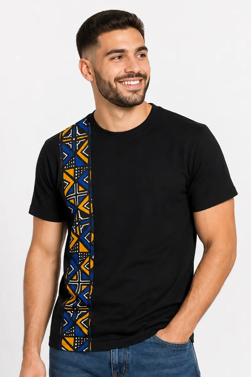 T-shirt with African print details - Blue Bogolan Geometry Band