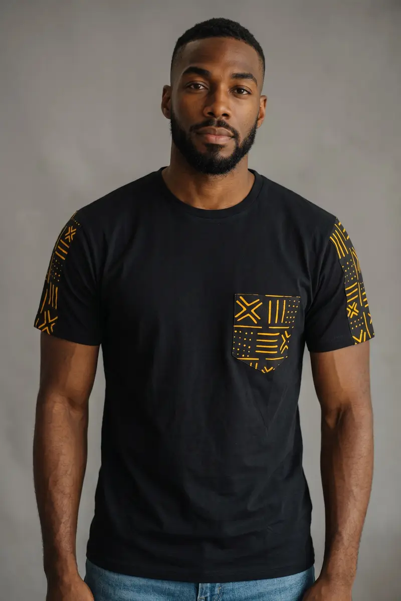 T-shirt with African print details - Yellow Bogolan pocket