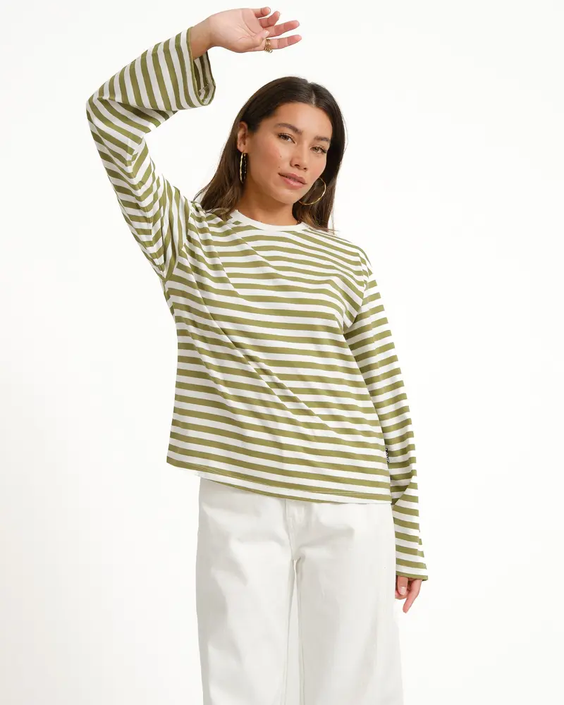 TILTIL Longsleeve Thin Striped Doka Tee Olijf Wit