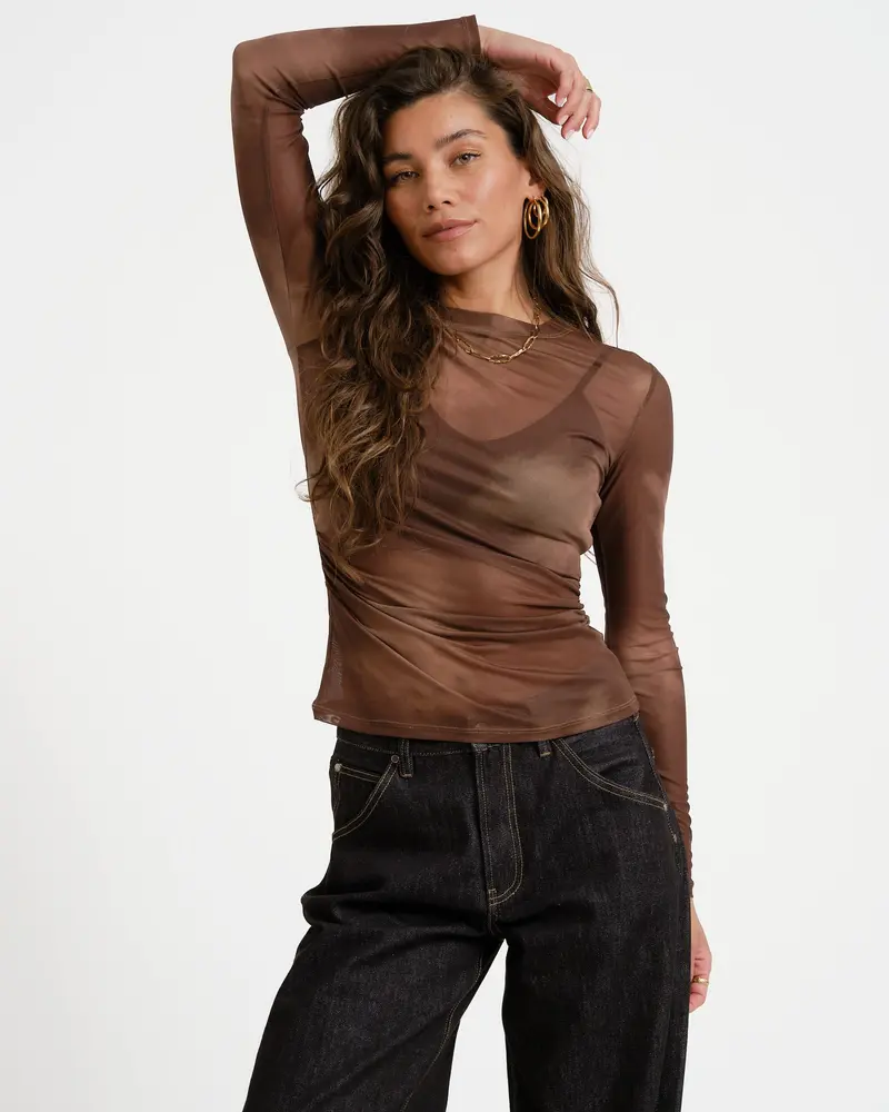 TILTIL Pleated Tara Mesh Longsleeve Bruin