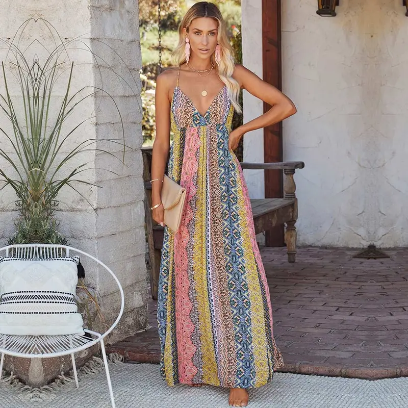 Trendiges Sommerkleid mit V-Ausschnitt und Spaghettiträgern – Pinky