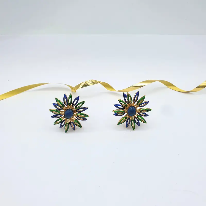 Trifari Blue & Green Enamel Clip Earrings