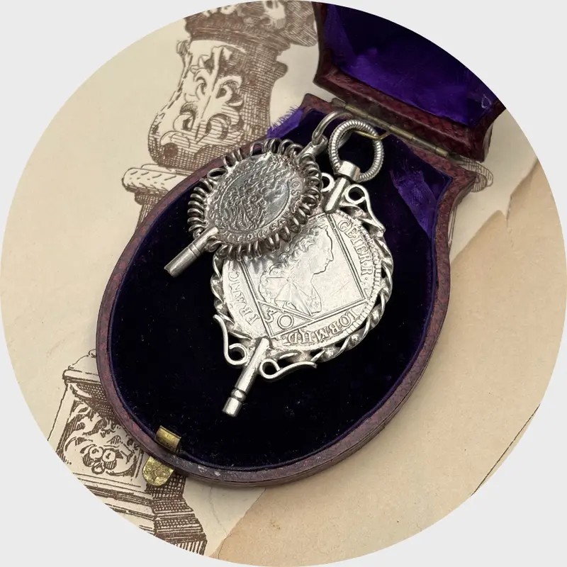 Two Silver Coin-Shaped Watch Key Pendants