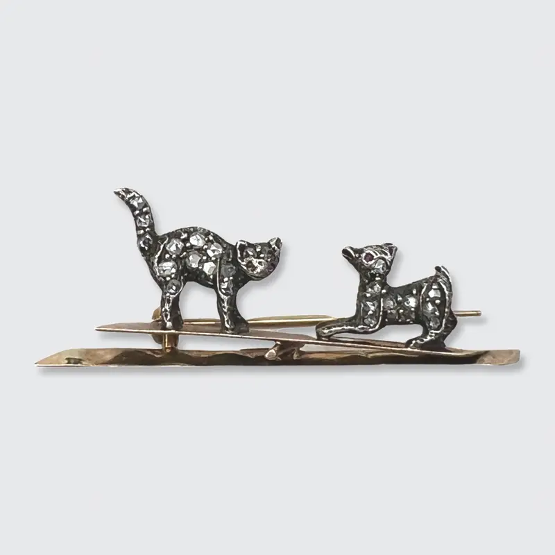 Victorian Cat & Dog on a Seesaw Novelty Brooch
