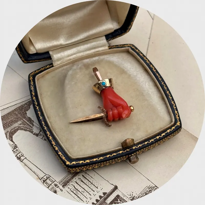 Victorian Coral Dagger in Hand Pendant, Stickpin Conversion
