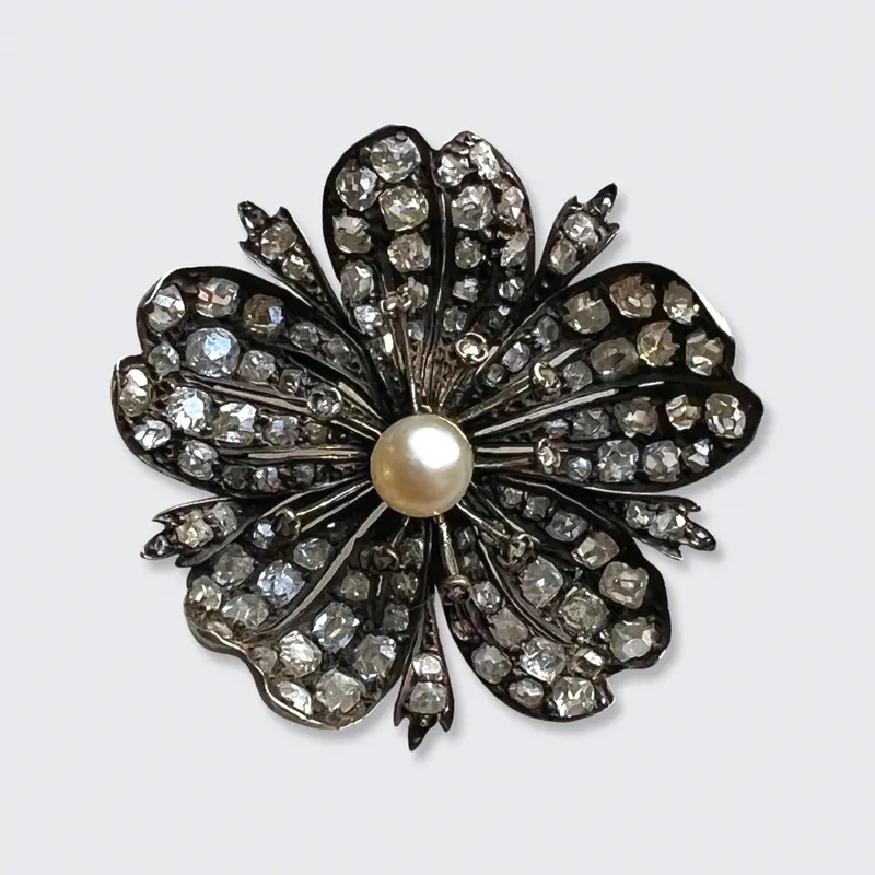 Victorian Diamond & Pearl Flower Brooch