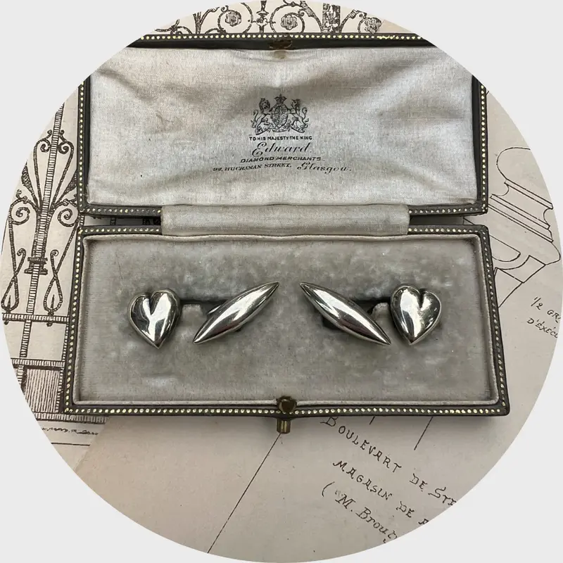 Victorian Silver Heart-Shaped Cufflinks in Box, 1887