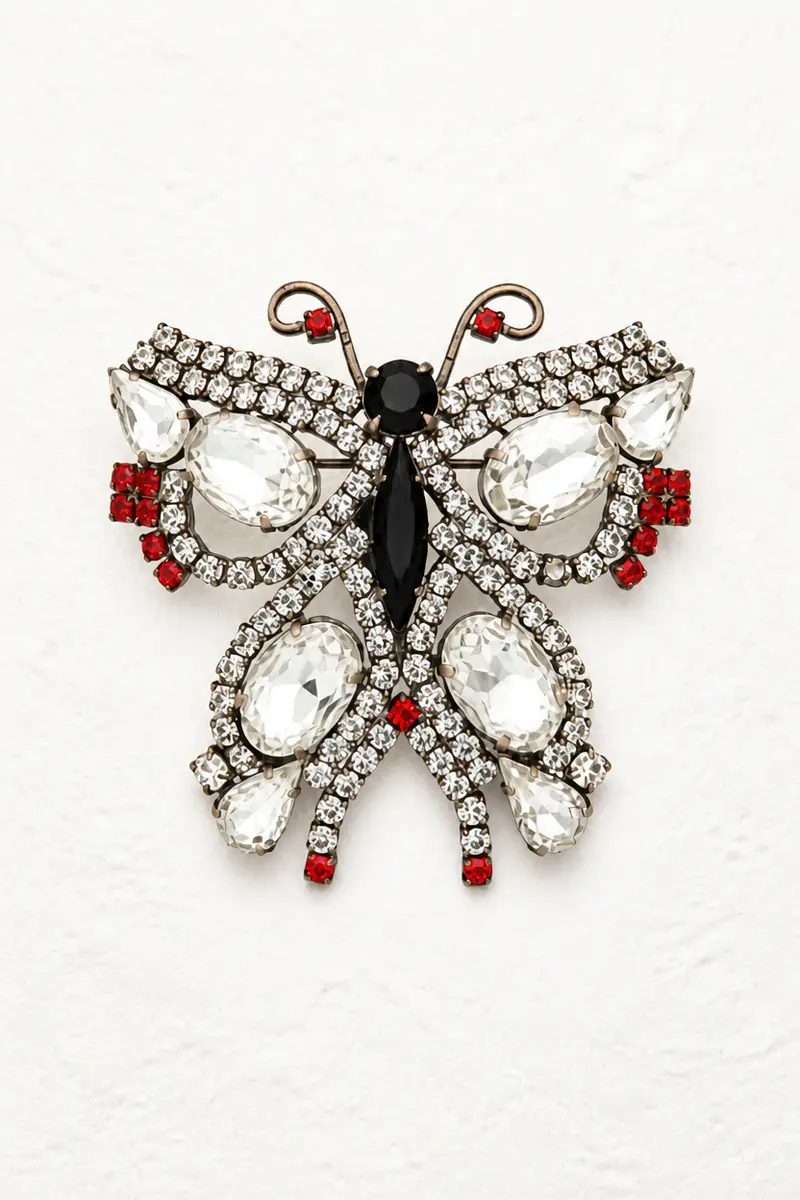 Vintage Black & Clear Crystal Butterfly Brooch