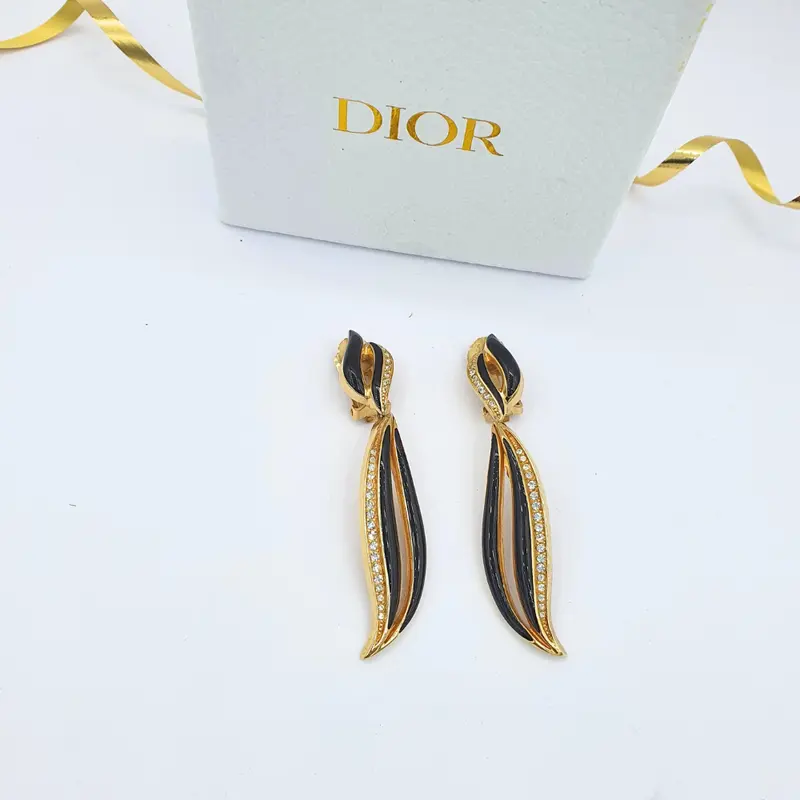 Vintage Christian Dior Clip Earrings Gold Plated Black Enamel Austrian Crystal 1980s