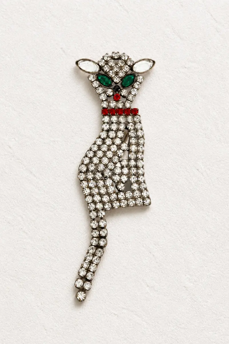 Vintage Clear Crystal Cat Brooch