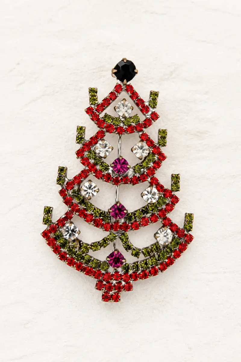Vintage Red & Green Crystal Christmas Tree Brooch