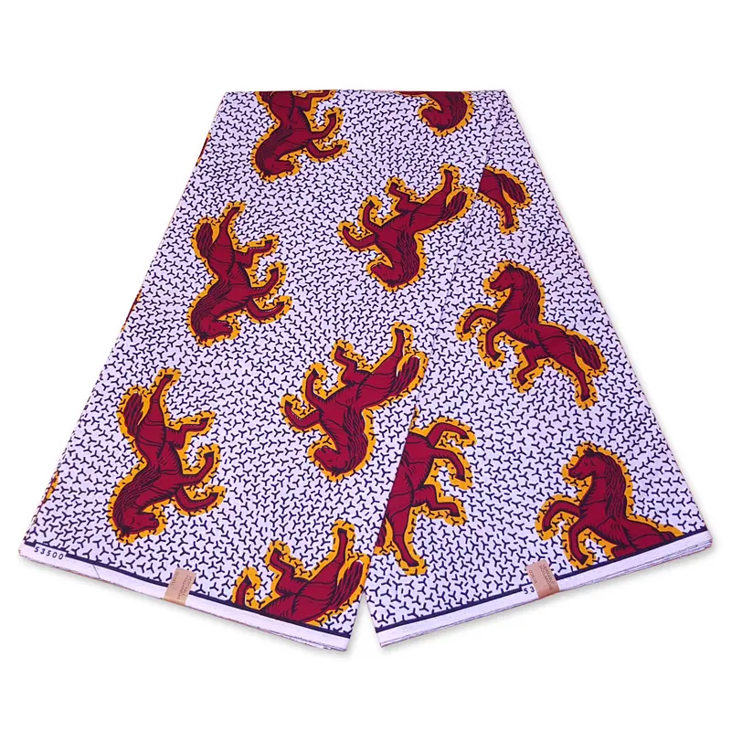 VLISCO Hollandais Wax print fabric - WHITE / RED JUMPING HORSE