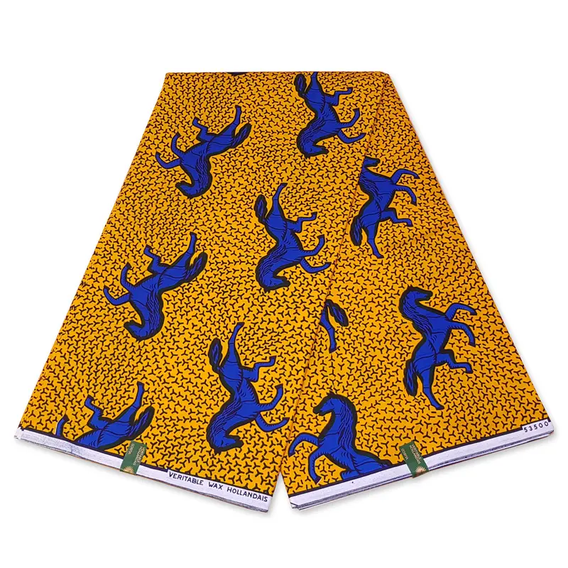 VLISCO Hollandais Wax print fabric - YELLOW / BLUE JUMPING HORSE