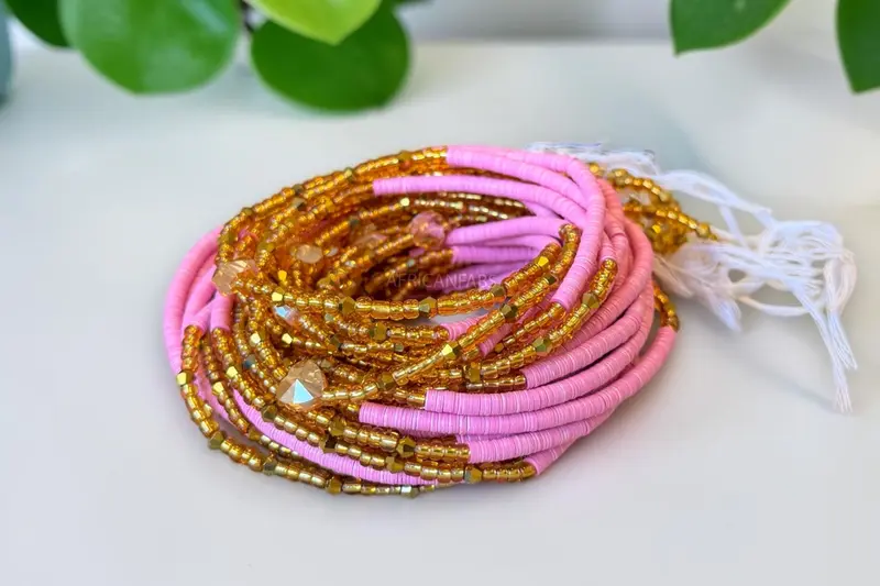 Waist Beads / African Hip Chain - Gold Pink Crystal Adaeze (Traditional non-elastic string)
