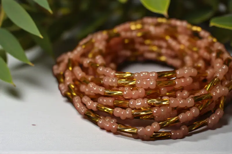 Waist Beads / African Waist Chain - AGBUZA - Pink / Gold (elastic)