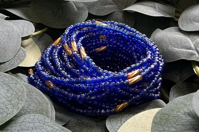 Waist Beads / African Waist Chain - EHANA - Blue / gold (elastic)