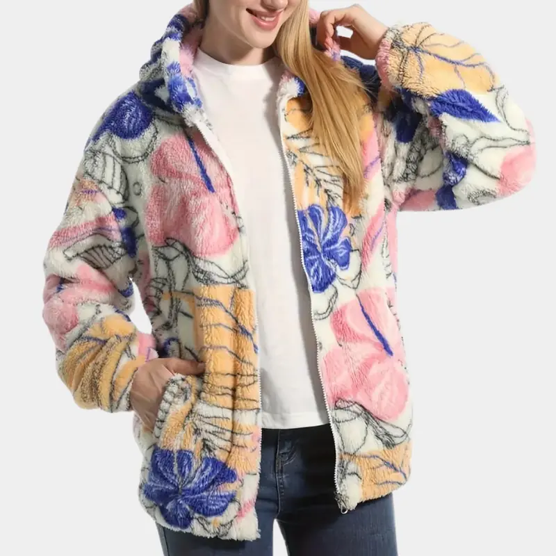 Warme Damen-Winterjacke mit Kapuze und Blumenmuster - Elira