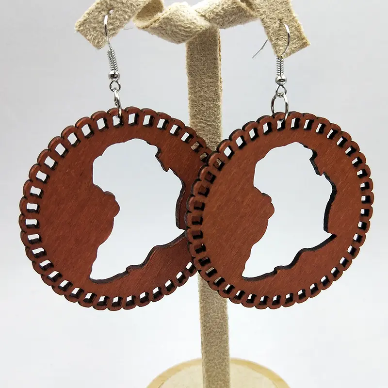 Wooden drop earrings | African continent wood circle