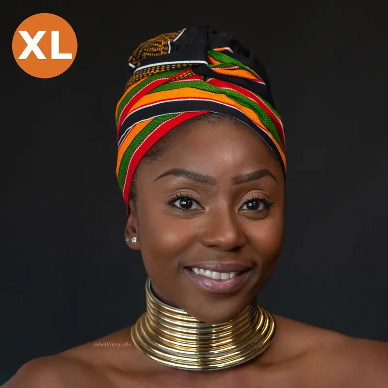 XL Easy headwrap - Satin lined hair bonnet - Black Pan Africa Kente
