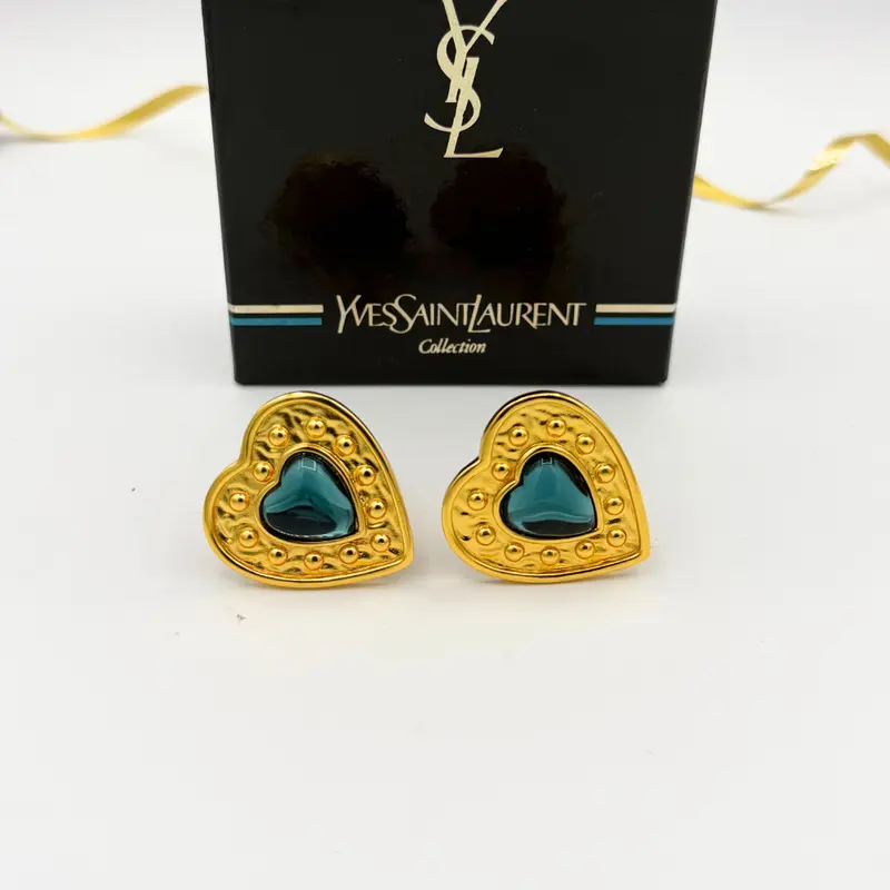 Yves Saint Laurent Heart-Shaped Deep Blue Cabochon Clip Earrings