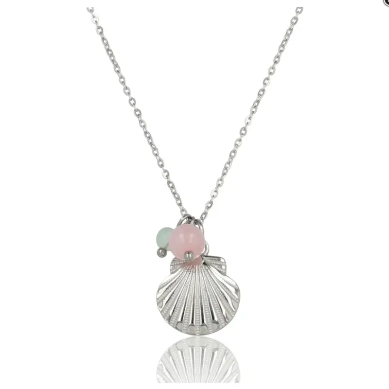 Zilveren ketting met schelp, Rose Quartz en Green Fluorite edelstenen