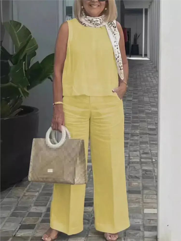 Zweiteiliges Damen Sommer-Set aus Leinen mit Ärmelloser Bluse – Maelis